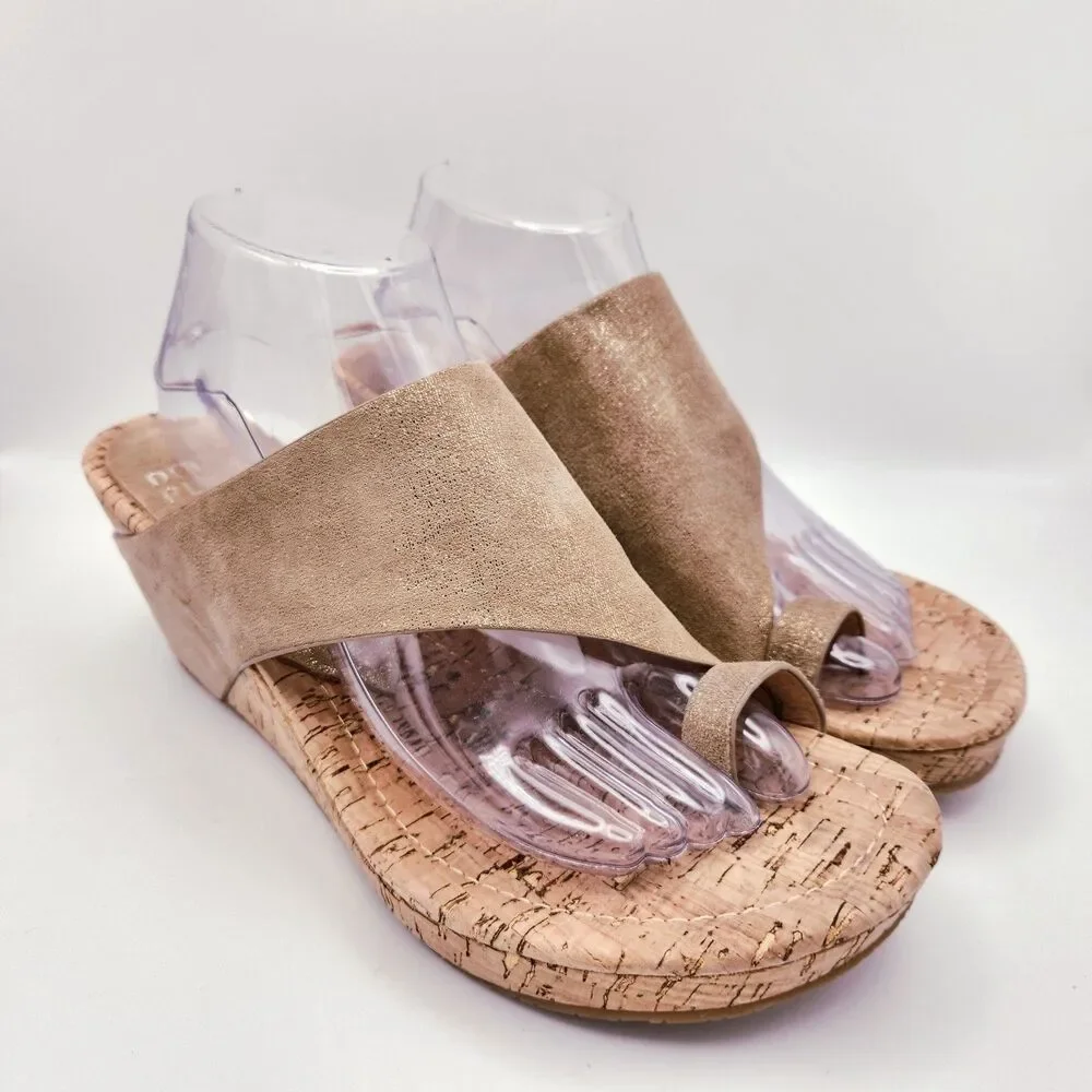 Donald Pliner Gyer Sparkle Leather Cork Platform Toe Loop Wedge Light Bronze 11
